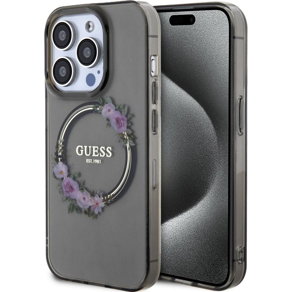 Guess GUHMP15LHFWFCK iPhone 15 Pro 6.1" czarny/black hardcase IML Flowers Wreatch MagSafe (Apple iPhone 15 Pro), Smartph...