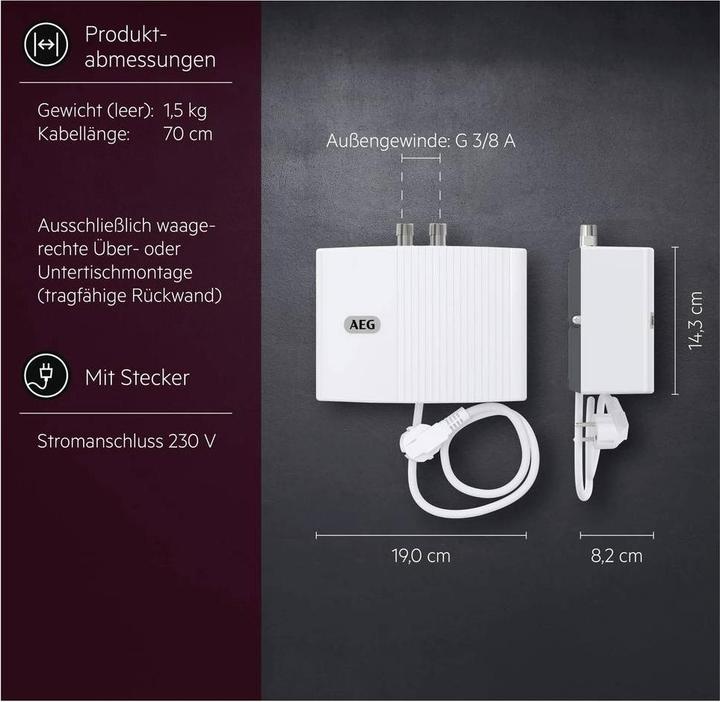 Immagine prodotto AEG Haustechnik Piccolo scaldacqua istantaneo MTH 350 solo per lavamani, 3,5 kW, con spina, non pressurizzato, VDE