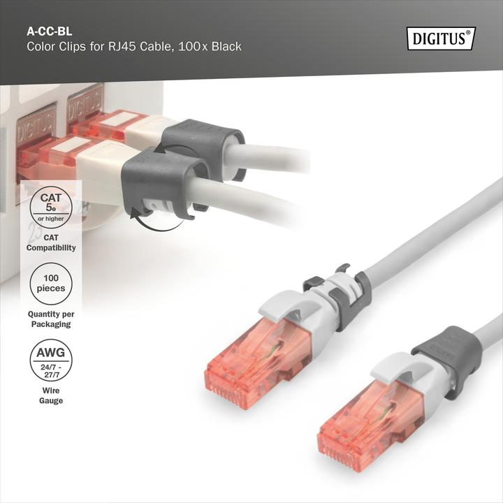 Produktbild Digitus Farbclips für RJ45-Kabel Farbe Schwarz, 100 Stück Packung (CAT5e)