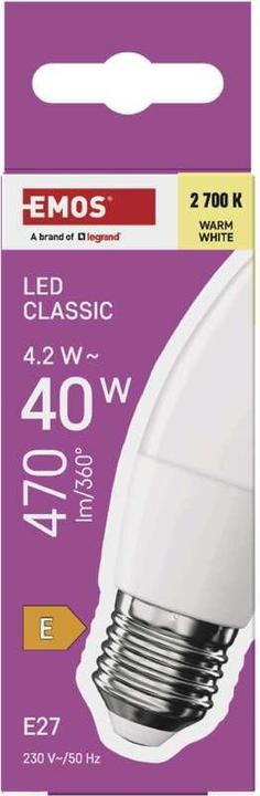 Image du produit Emos Lampe LED Classic Candle / E27 / 4,2 W (40 W) / 470 lm / Blanc chaud (E27, 470 lm, 1 x)