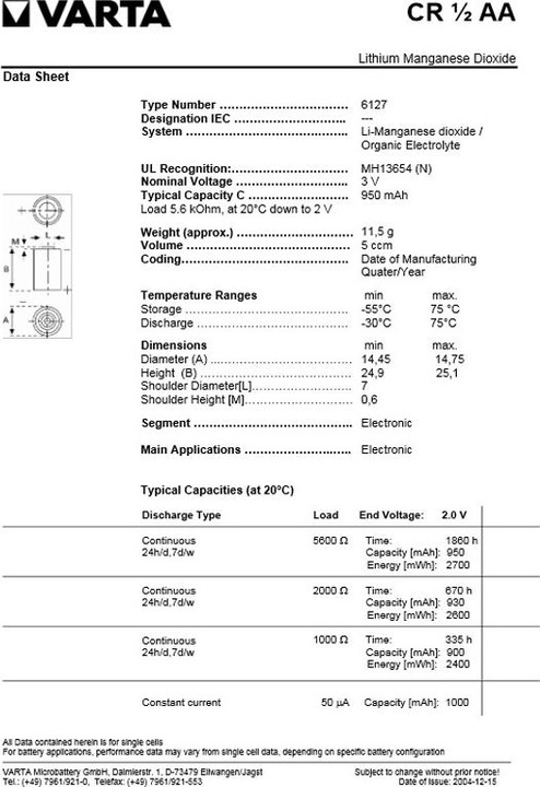 Produktbild Varta Batterie CR1/2AA 6127 mit 3er Print Lötfahne, Pluskontakt 2er, Minus 1er (1 Stk., CR 1/2AA, 950 mAh)