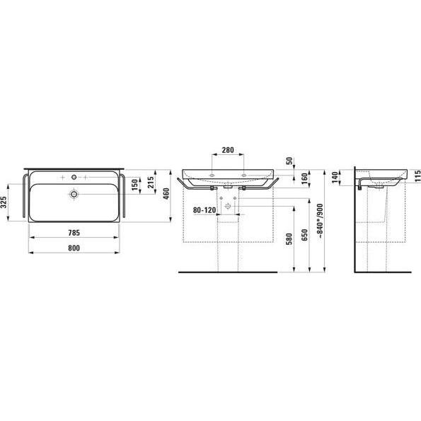 Thumbnail - Laufen, Waschbecken, Meda Waschtisch, unterbaufähig, 800x460mm, 1 Hahnloch, mit Überlauf (880 mm, 210 mm)