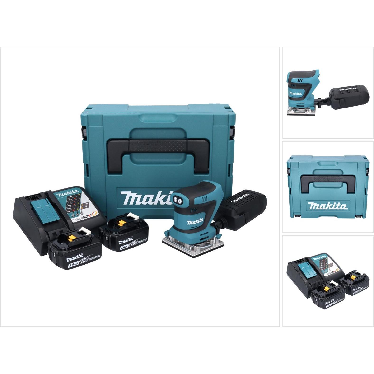 Makita, Rettificatrice + lucidatrice, DBO 482 RMJ Levigatrice orbitale a batteria 18 V 112 x 102 mm + 2x batteria 4,0 Ah + caricabatterie (Levigatrice