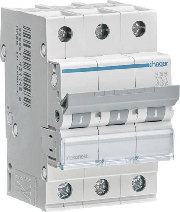 Produktbild Hager MCN363. Nennstrom: 63 A. Typ: C-type, Module Menge (max): 3 Modul(e). Breite: 52,5 mm, Tiefe: 70 mm