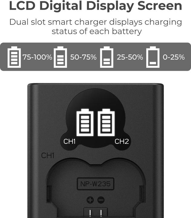 Produktbild K&F Concept NP-W235 Digital Camera Dual Channel Type-C Charger with LCD Digital Display Screen (Kamera Akku Ladegerät)