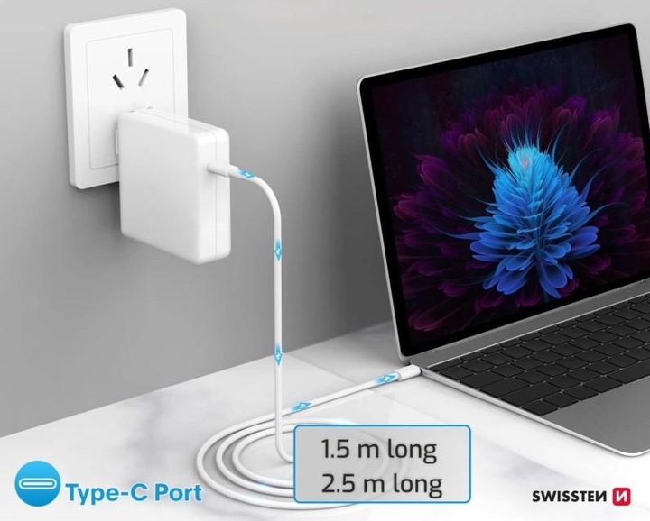 Produktbild Swissten Datenkabel TPE USB-C/USB-C Power Delivery 5A (100W) 2.5m Weiss (2.50 m)