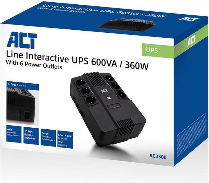 Actual product image ACT UPS, 600 VA, 6x Type F outlet, 1x IEC C14 input, 230V, AVR (600 VA, 360 W, Line-interactive UPS)