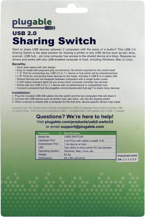 Produktbild Plugable USB 2.0 Port Sharing Switch (USB-B, 2 Ports)