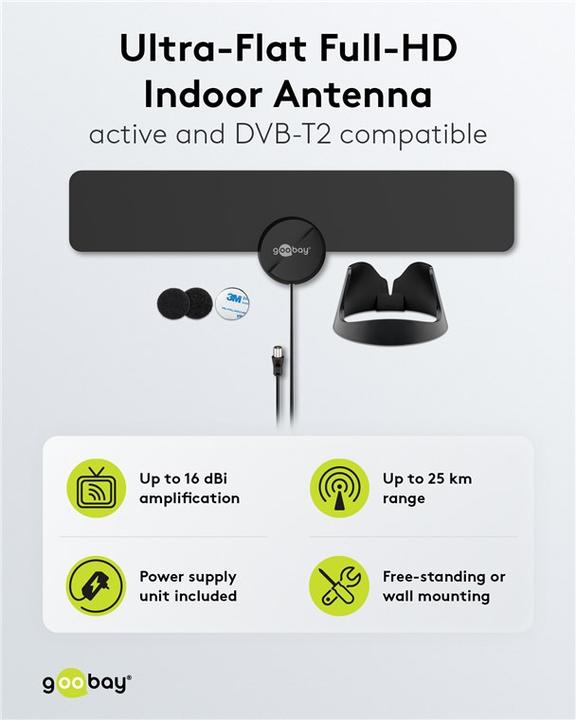 Image du produit Goobay Antenne intérieure ultraplate Full HD DVB-T, filtre LTE/4G inclus, noir (Antenne d'intérieur, 16 dB, DVB-T / -T2)