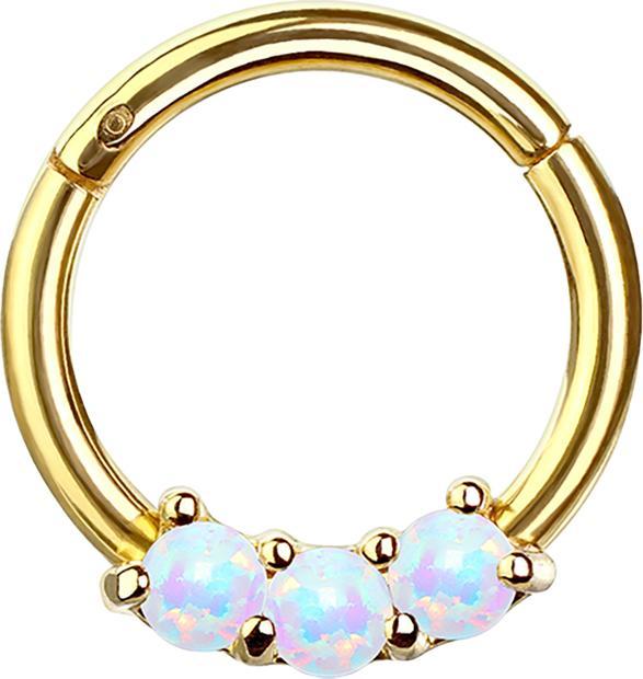 Immagine prodotto Star Piercing Anello a micro segmenti incernierato placcato oro con tre perle opali bianche (senza ottone, Acciaio chirurgico 316L)