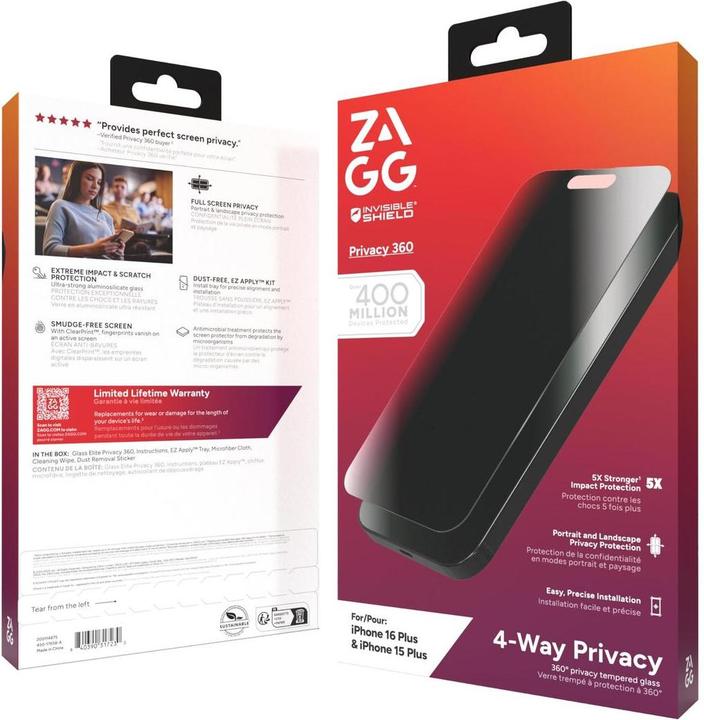 Actual product image Zagg InvisibleShield Glass Elite Privacy 360 Apple iPhone 16 Plus/15+ Screen (1 pcs., Apple iPhone 15 Plus, Apple iPhone 16 Plus)