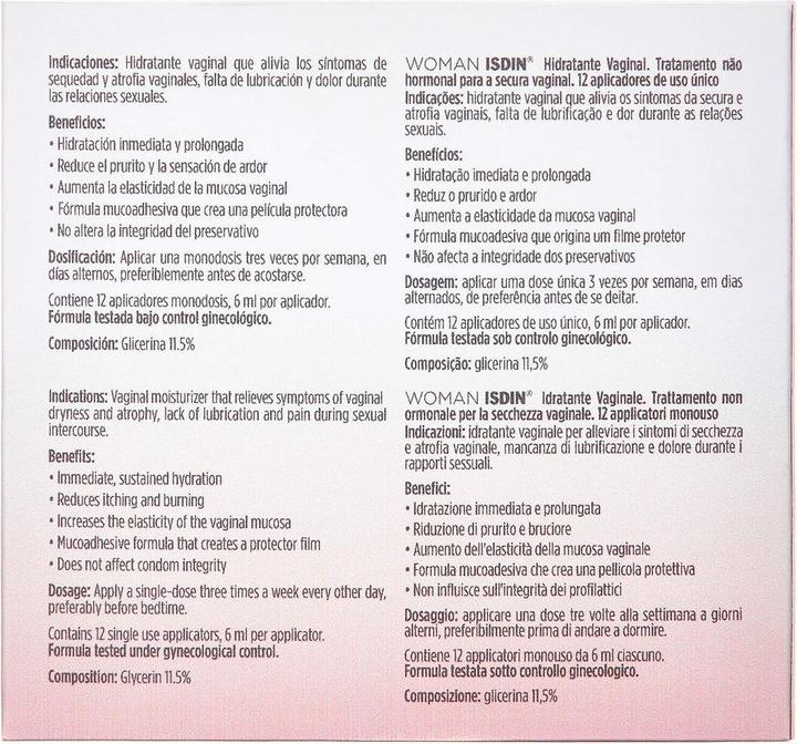 Valeurs nutritives et ingrédients Isdin WOMAN vaginale Feuchtigkeitscreme 24 Einheiten (Crème intime, Gel intime, 50 ml)