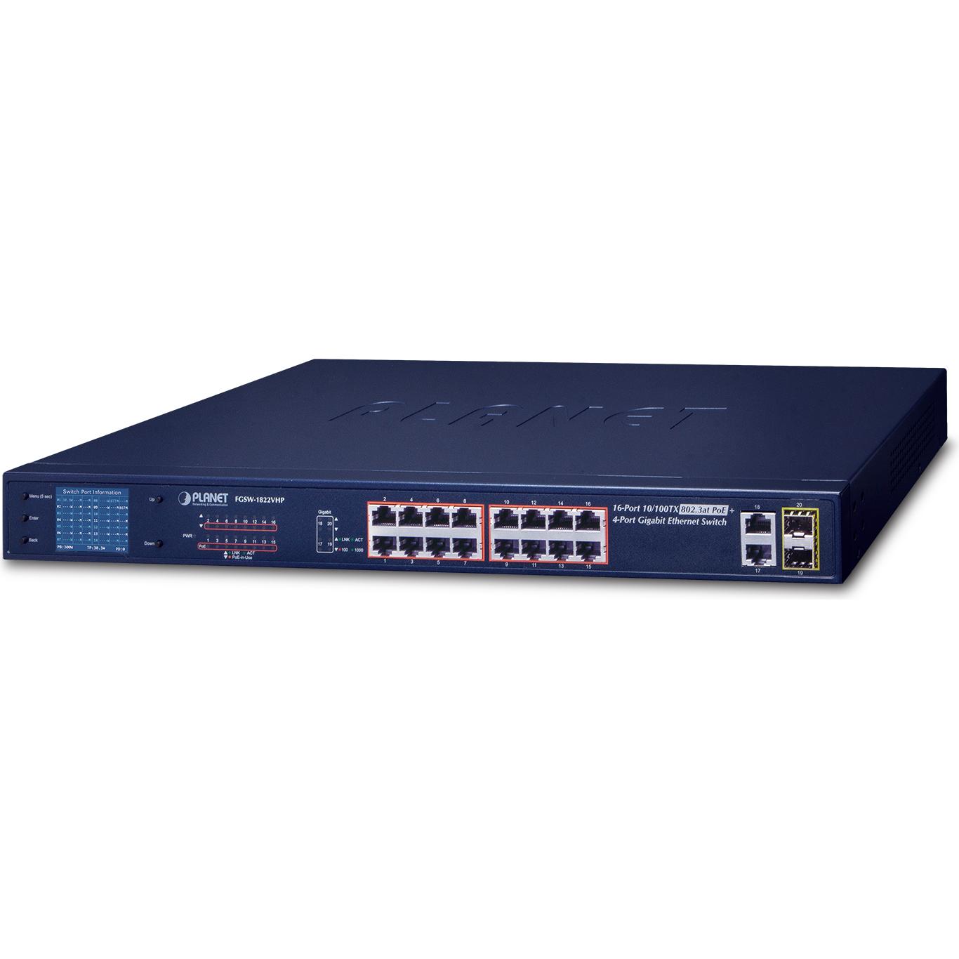 Planet 16-Port 10/100TX 802.3at PoE + 2-Port Gigabit TP/SFP (16 Ports), Netzwerk Switch, Schwarz
