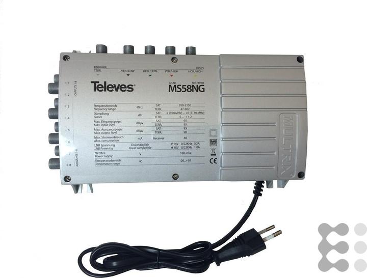 Produktbild Televes MS58NG. Produktfarbe: Grau. Stecker: F. Breite: 204 mm, Tiefe: 57 mm, Höhe: 130 mm. Abmessungen (BxT (Multischalter)