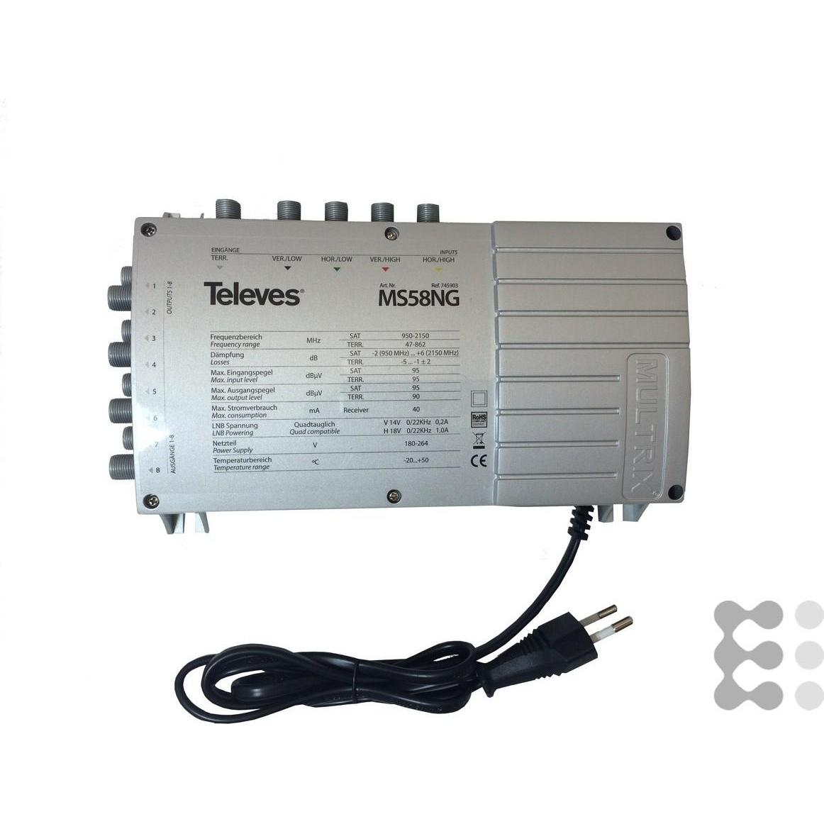 Thumbnail - Televes MS58NG. Produktfarbe: Grau. Stecker: F. Breite: 204 mm, Tiefe: 57 mm, Höhe: 130 mm. Abmessungen (BxT (Multischal...