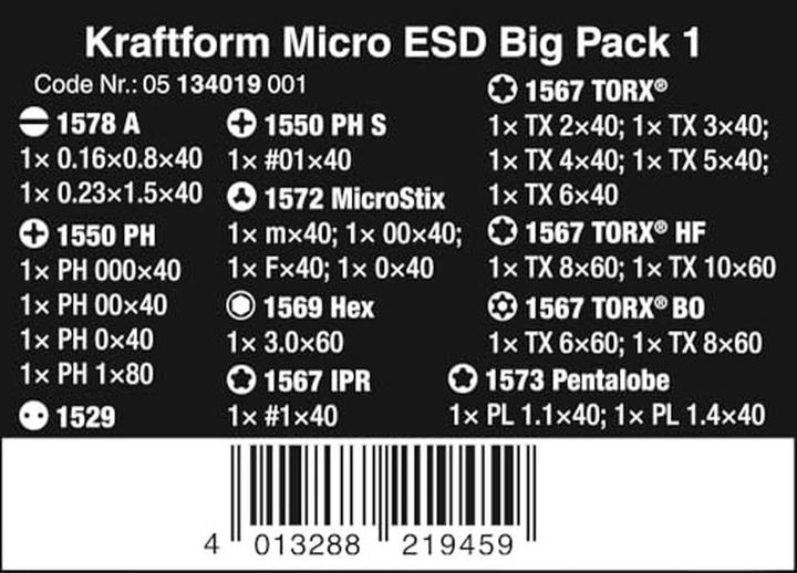 Nährwerte und Zutaten Wera Kraftform Micro ESD Big Pack 1 (Schlitz, Phillipps-Kreuzschlitz (PH), Torx (TX), Innensechskant, Torx Plus, 5-Lobe (Pentalobe))