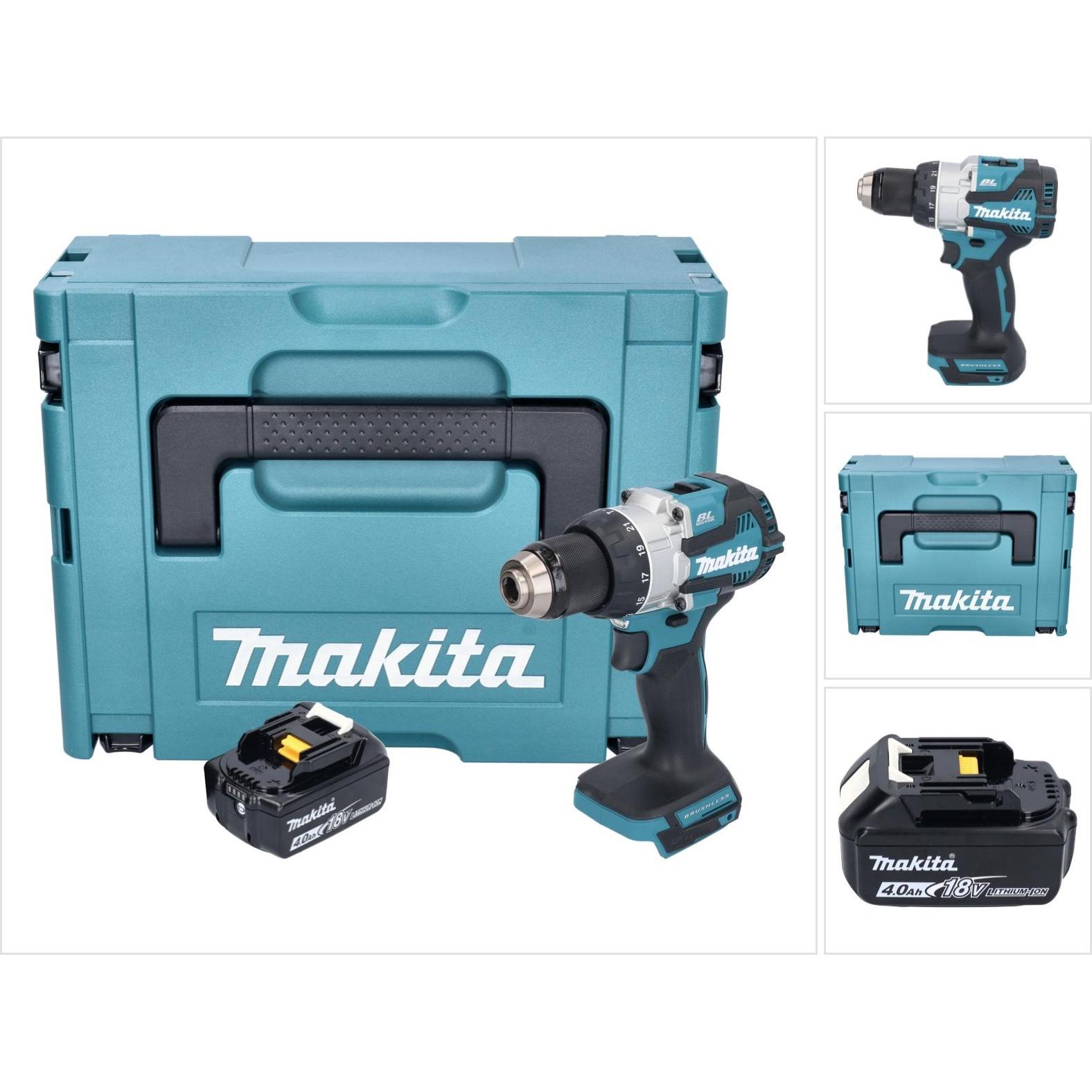 Makita, Bohrmaschine + Akkuschrauber, DHP 489 M1J Akku Schlagbohrschrauber 18 V 73 Nm Brushless + 1x Akku 4,0 Ah + Makpa...