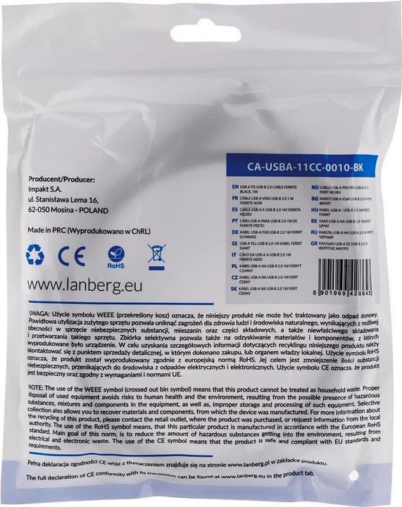 Valeurs nutritives et ingrédients Lanberg CA-USBA-11CC-0010-BK Câble USB USB 2.0 USB B (1 m, USB 2.0)