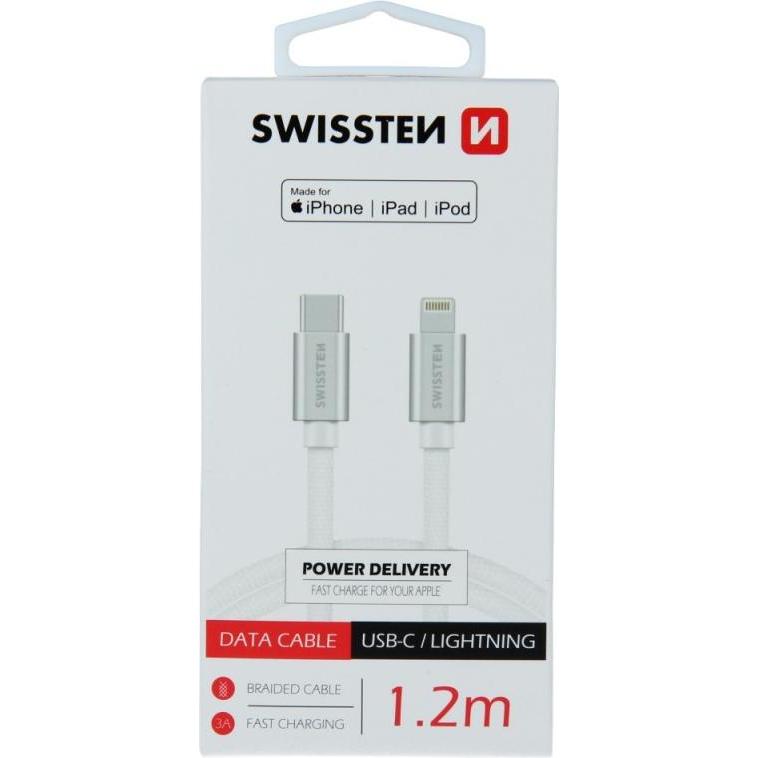 Swissten Datenkabel Textil USB-C / Lightning MFi 1.2 M (1.20 m, USB 3.2 Gen 1), USB Kabel