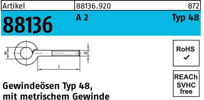 Image du produit Oeillet fileté R 88136 Type 48 M 6 x 20 D 10 A 2 (50 pcs)