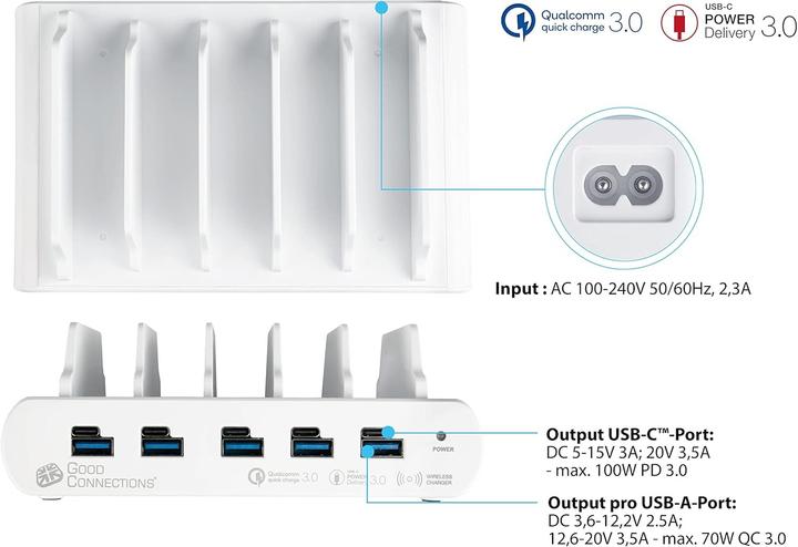 Productafbeelding Good Connections USB desktop snellaadstation 110W, 10-poorts (5x USB-Câ"¢ en 5x USB-A), PD 3.0, QC 3.0, wit, Goed (110 W, 10 ports)
