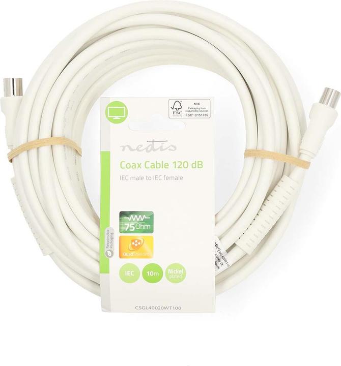 Actual product image Nedis Coaxial cable | IEC (coax) male | IEC (coax) female | Nickel-plated | 120 dB | 75 Ohm | 4-way (120 dB, Antenna cable)
