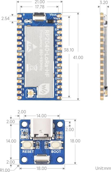 Actual product image WaveShare RP2040 SX1262 LoRa HF 850-930MHz kit with USB-C adapter