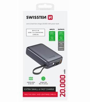 Actual product image Swissten Power Bank 20000 Mah with Built-In Cables USB-C and Lightning Space Silver (20000 mAh, 74 Wh)