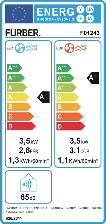 Energy Label Furber Air conditioner FRESCO 120 m³ (48 m², 12000 BTU/h)