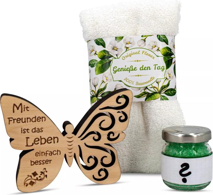 Immagine prodotto ZNatur Set regalo farfalla in legno di pino svizzero con incisione Con gli amici sali da bagno e (Set per la cura del corpo)