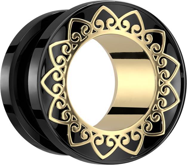 Produktbild Star Piercing Flesh Tunnel schwarz goldenem Innenteil und Herzen (ohne Messing, Chirurgenstahl 316L)