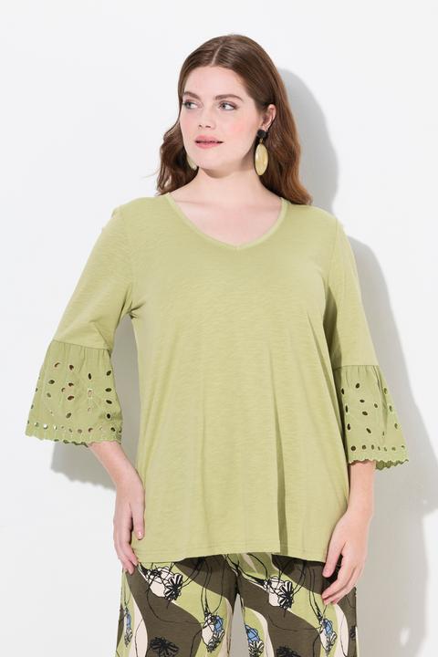 Image du produit Ulla Popken T-shirt, manches à volants en dentelle, col en V, coton bio (46, 48)