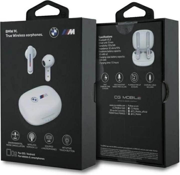 Produktbild BMW Bluetooth headphones BMBEMIATP20LOH TWS + docking station white/white Printed Logos (30 h, Kabellos)