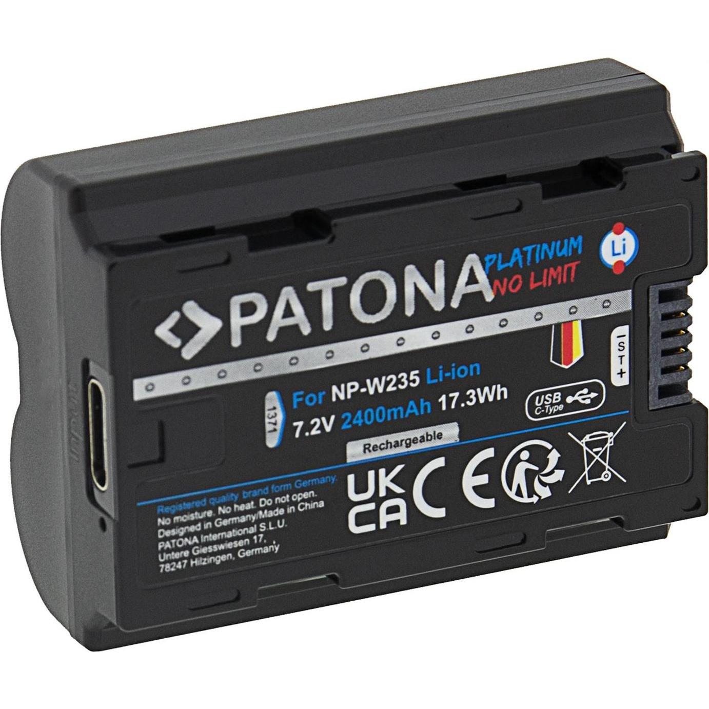 Patona Platino Fuji NP-W235 USB-C (Batteria della fotocamera), Alimentatore fotocamera, Nero