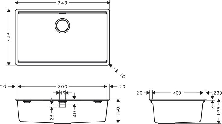 Actual product image hansgrohe S53 built-in sink SilicaTec, 700x400mm, 43363 (Fitted sink, 44.70 cm, 74.70 cm)