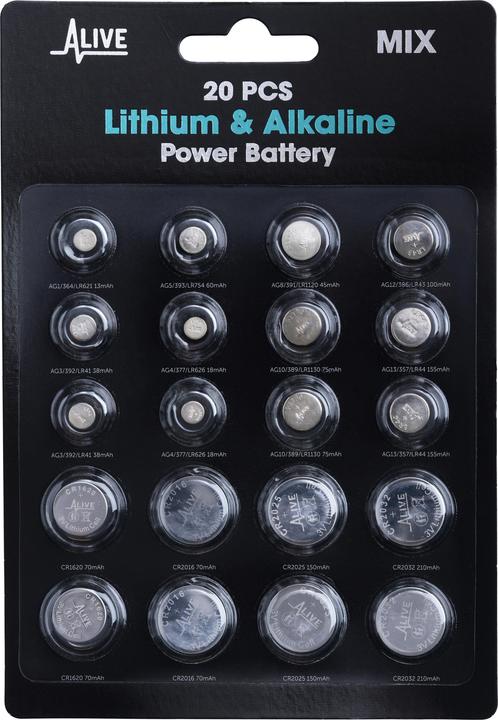 Batterie Lithium Mix (20 Stk., LR754, CR2032, LR621, AG4, CR2016, LR41, CR1620, CR2025, AG10, LR44, LR43, 13 mAh)