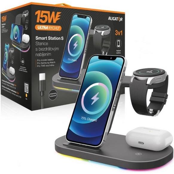 Thumbnail - Aligator Smart Station S Mobile phone/Smartphone USB Type-C (15 W), Wireless Charger, Schwarz