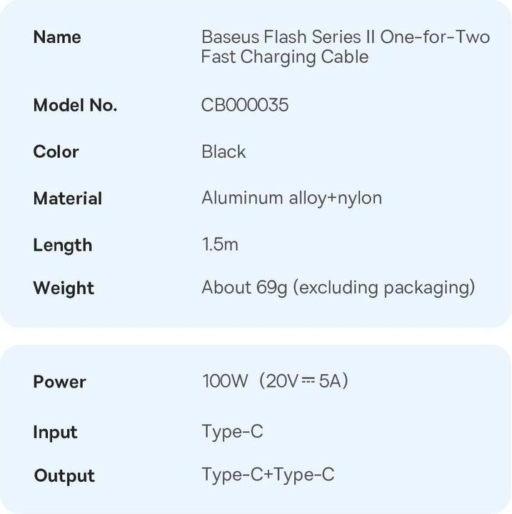 Valeurs nutritives et ingrédients Baseus 2in1 (1.50 m, USB 2.0, 100 W)