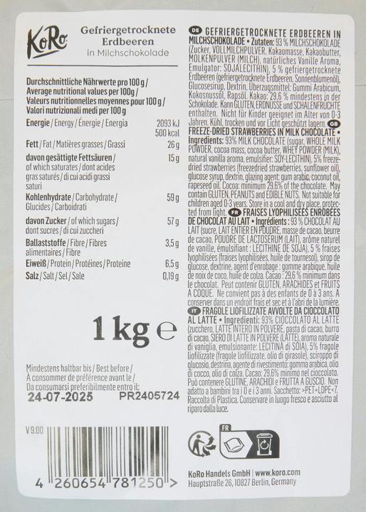 Nährwerte und Zutaten KoRo Gefriergetrocknete Erdbeeren in Milchschokolade (1000 g)