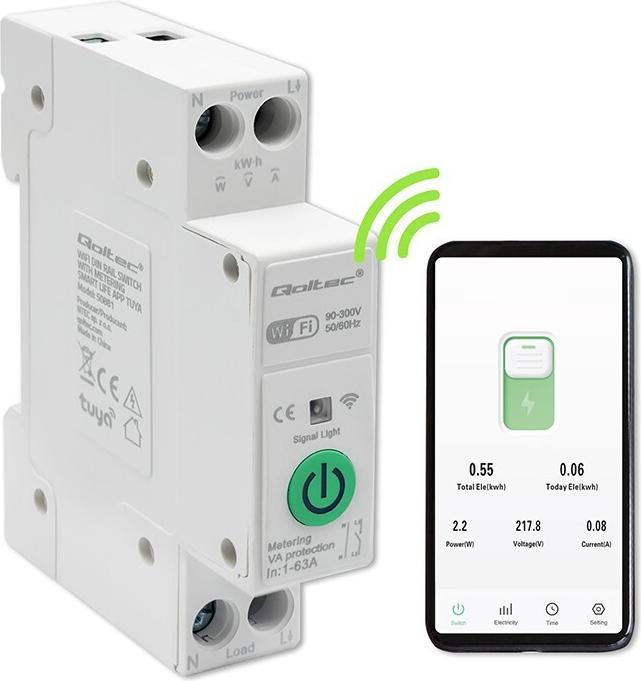 Produktbild Qoltec WLAN-Relais für Hutschiene mit Stromzähler 63A