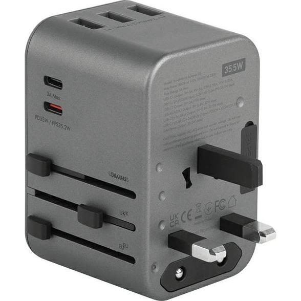 Energea ład. siec. 3xUSB+2xUSB-C PD-PPS-QC 3.0 35.5W 3A2C adapter 4w1 US/UA/EU/UK szary/gunmetal Tra, USB Ladegerät