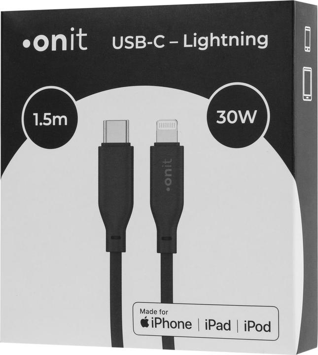 Image du produit Onit Câble USB 2.0 MFi USB C - Lightning 1,5 m, noir (1.50 m, USB 2.0, 30 W)