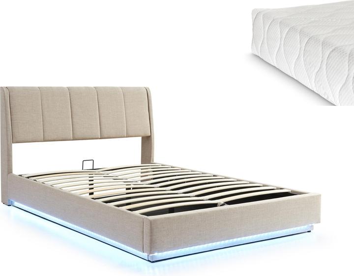 Produktbild En.Casa LED Polsterbett Tröstiar mit Matratze 160x200cm Beige