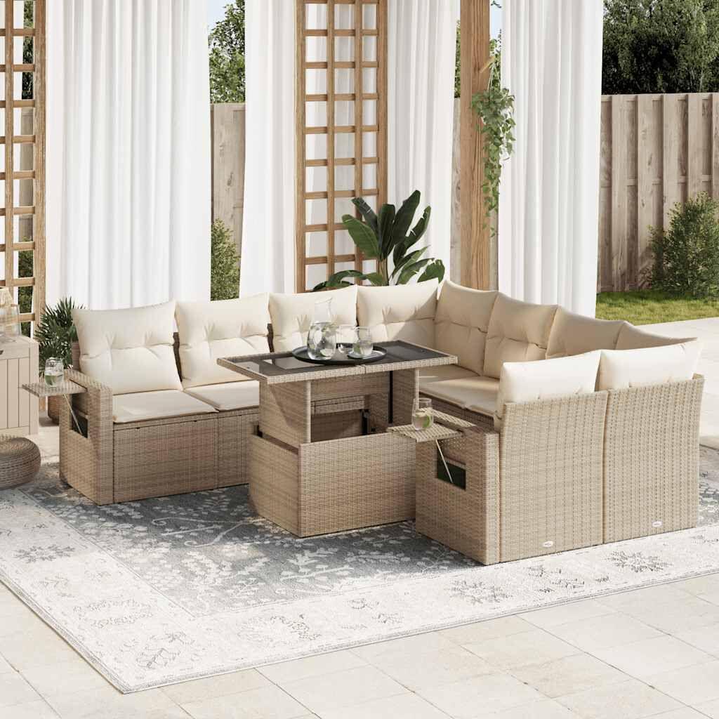 Thumbnail - VidaXL, Gartenlounge, 9-tlg. Garten-Sofagarnitur mit Kissen Beige Poly Rattan