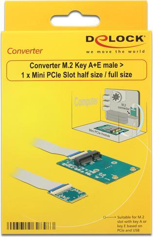 Immagine prodotto Delock Convertitore M.2 Key A+E maschio > 1 x Mini PCIe Slot half size / full size con cavo flessibile