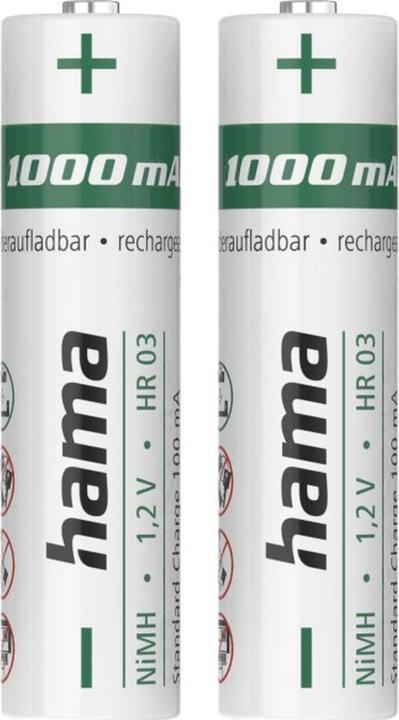 Image du produit Hama Piles NiMH, AAA Micro, 1000 mAh, 1,2 V, 2 pièces (2 pcs, AAA, 1000 mAh)