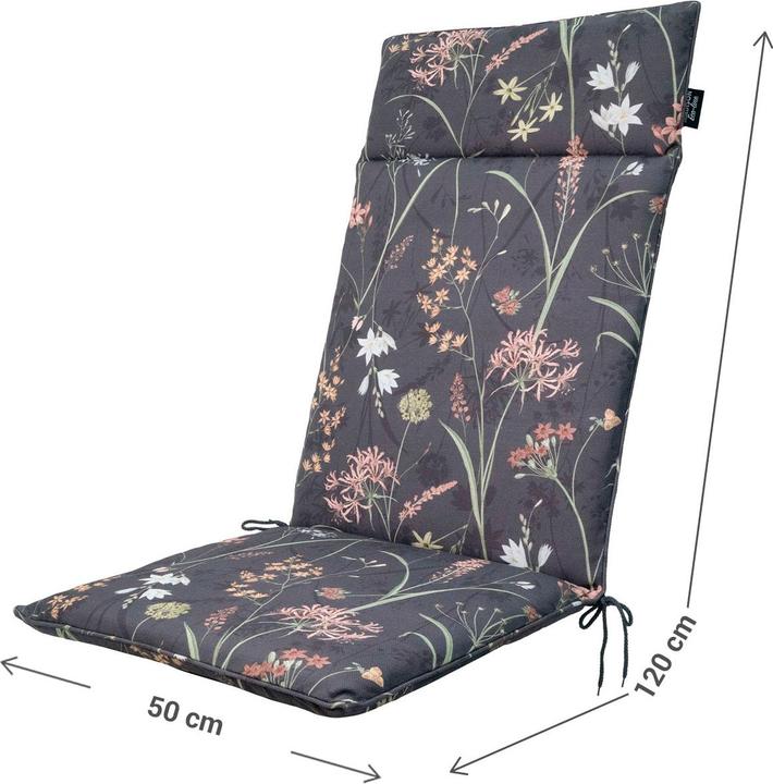 Produktbild Natura Punto 4er-Set Hochlehner-Auflage, Gartenstuhlkissen wasserabweisend, Blumenmuster anthrazit (120 x 50 cm)