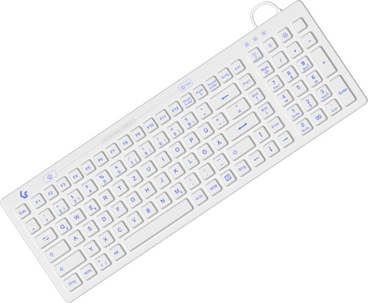 Immagine prodotto KeySonic Tastiera industriale, USB, illuminata, in silicone, bianca, protetta da acqua e polvere IP68, EN (DE, Cablato)