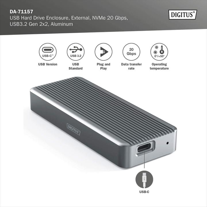 Actual product image Digitus USB M.2 hard disk enclosure, SSD, external, NVMe, 20Gbps, USB 3.2 Gen2x2, aluminum, incl. mounting (M.2 2230, M.2 2242, M.2 2260, M.2 2280)