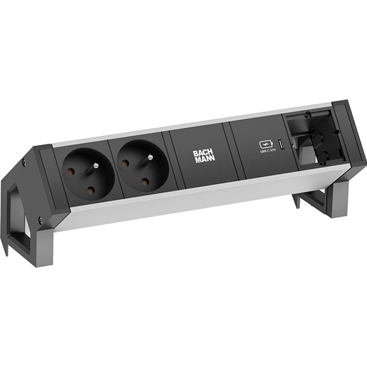 Bachmann, Steckdosenleiste, DESK2 ALU BLACK 2xUTE 1xCM 1xC 1 chargeur C 30W (2 x, CEE 7/5, CEE 7/3, 0.20 m)